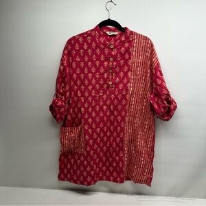 MARKETPLACE Handwork Red and Gold Patterned Button-Up tunic top size small